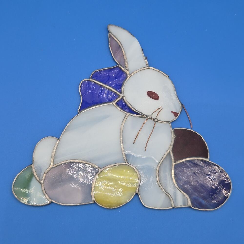 Vintage Stained Glass Bunny Rabbit Suncatcher w/ Eggs Easter Decor Signed 1984